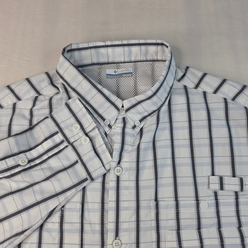 Columbia PFG Omni Shade Vented Shirt Mens XXL White Black Gray Plaid Long Sleeve